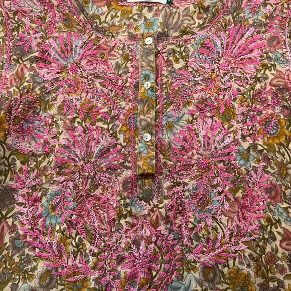 Dolma Medium Floral Pink Hand-Embroidered Tunic Top Lightweight Silk Bl Boho - Picture 3 of 14